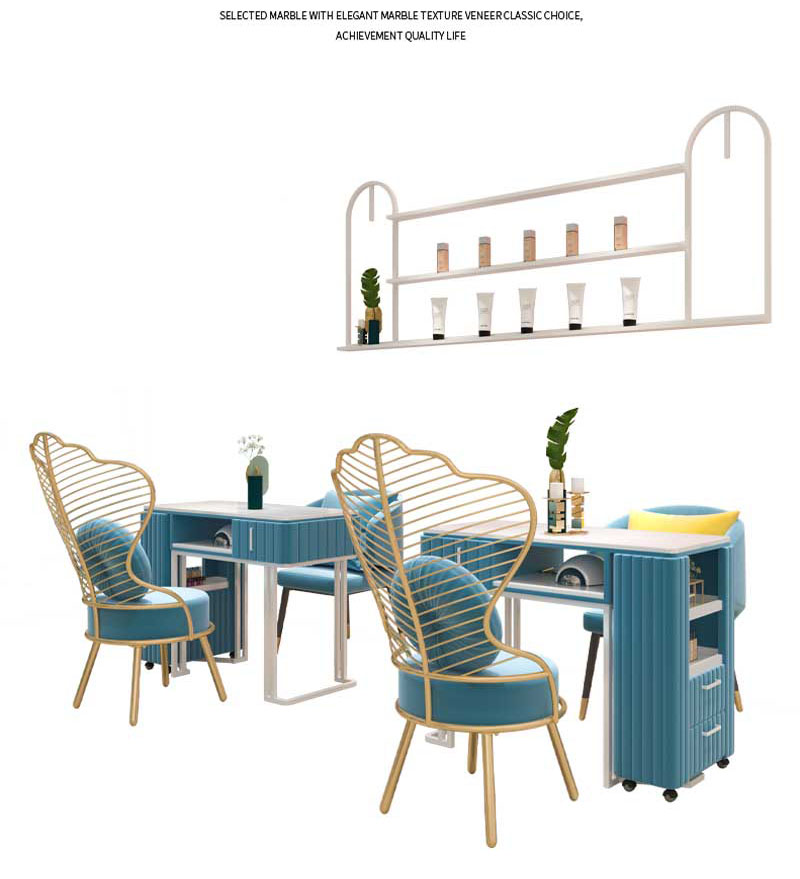 ins style modern salon beauty shop dining table double manicure table and chair gold iron foot cover combination marble