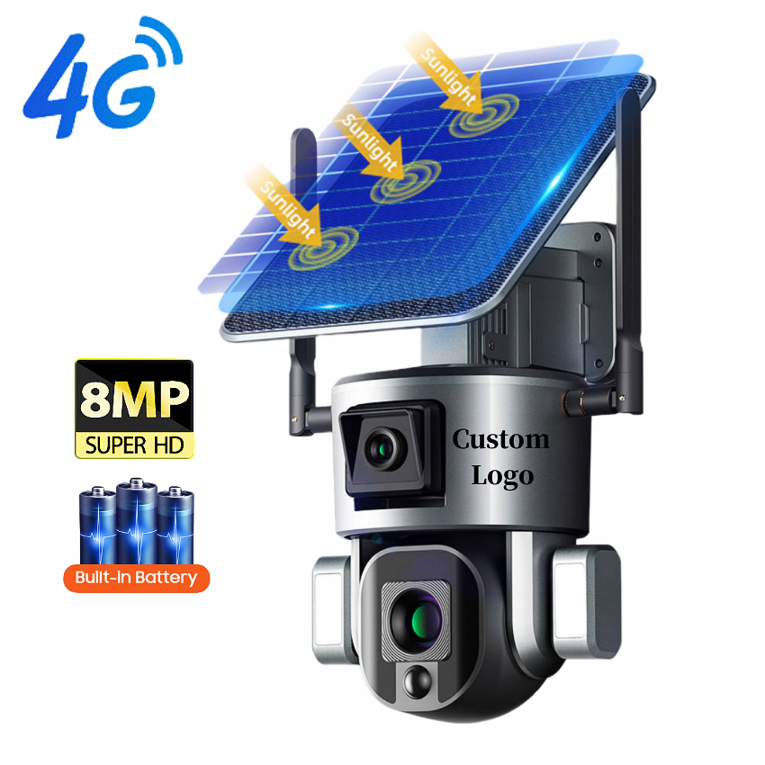 Custom Logo 8MP 4G PTZ Solar Powered Security System Dual Lens 4G SIM Card Outdoor Solar CCTV Camera