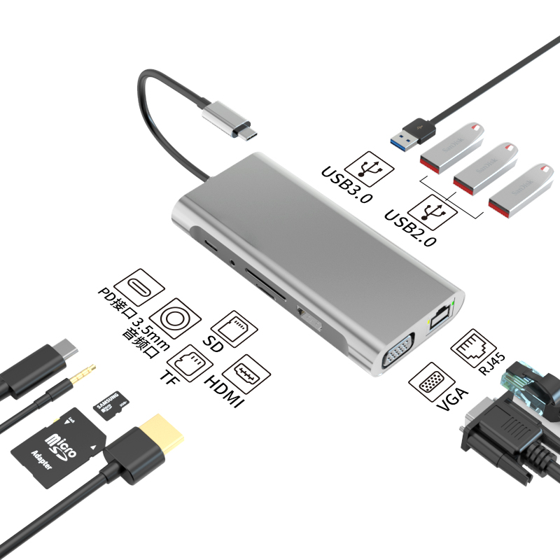 Usb концентратор с питанием от usb hub BASIX 11 в 1 HD-MI VGA PD RJ45 USB3.0 SD TF док-станции