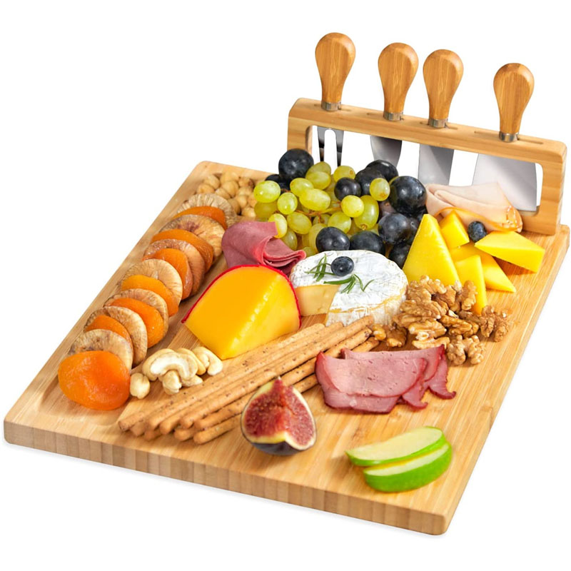 Самый популярный поднос для мяса, поднос для сыра, доски для сыра, изготовленные на заказ, Бамбуковая доска для мясных блюд со столовыми приборами из нержавеющей стали