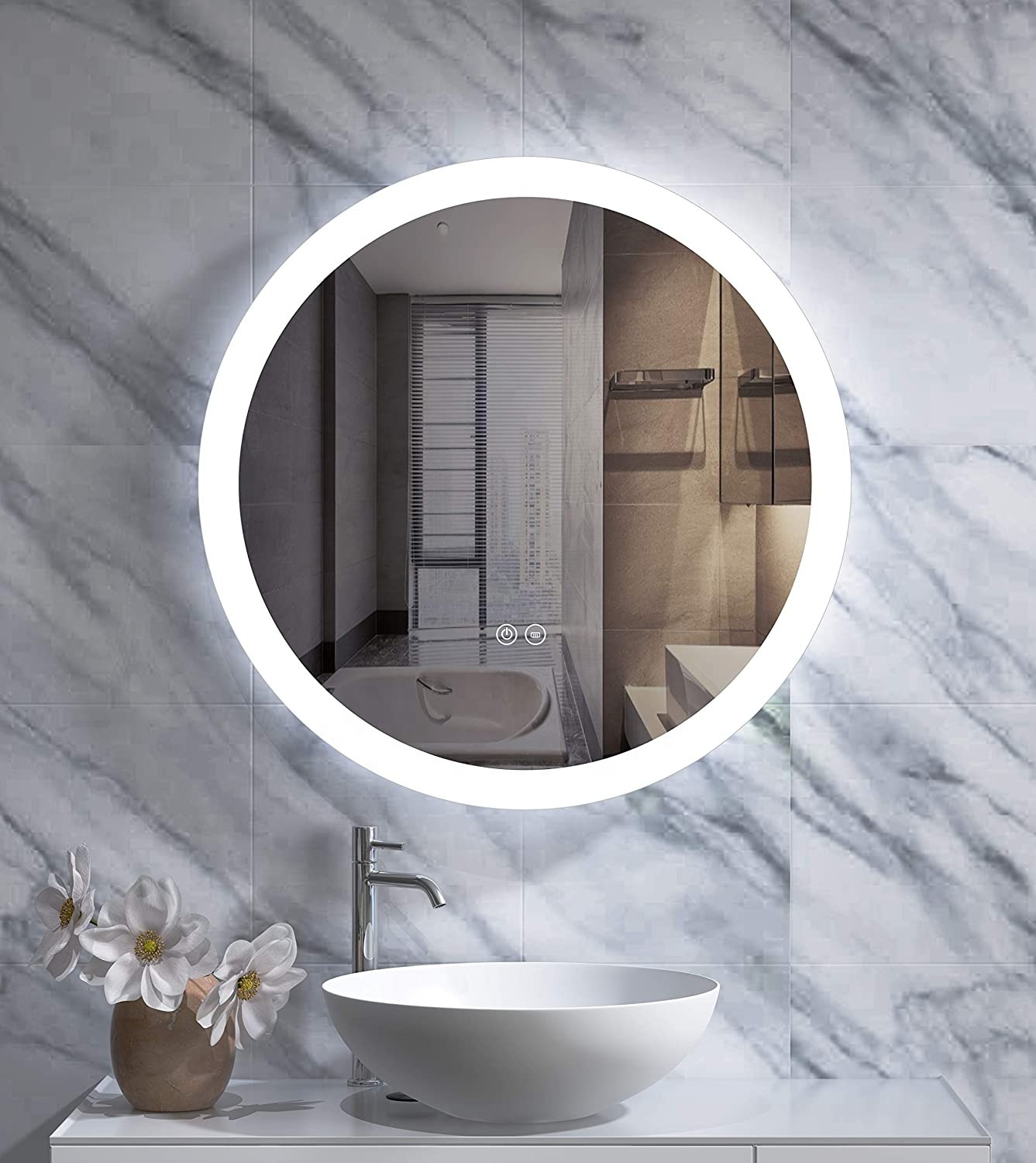 Guzex 24 inch LED Bathroom Mirror with Light Round, led Bathroom Vanity Mirror with Anti Fog