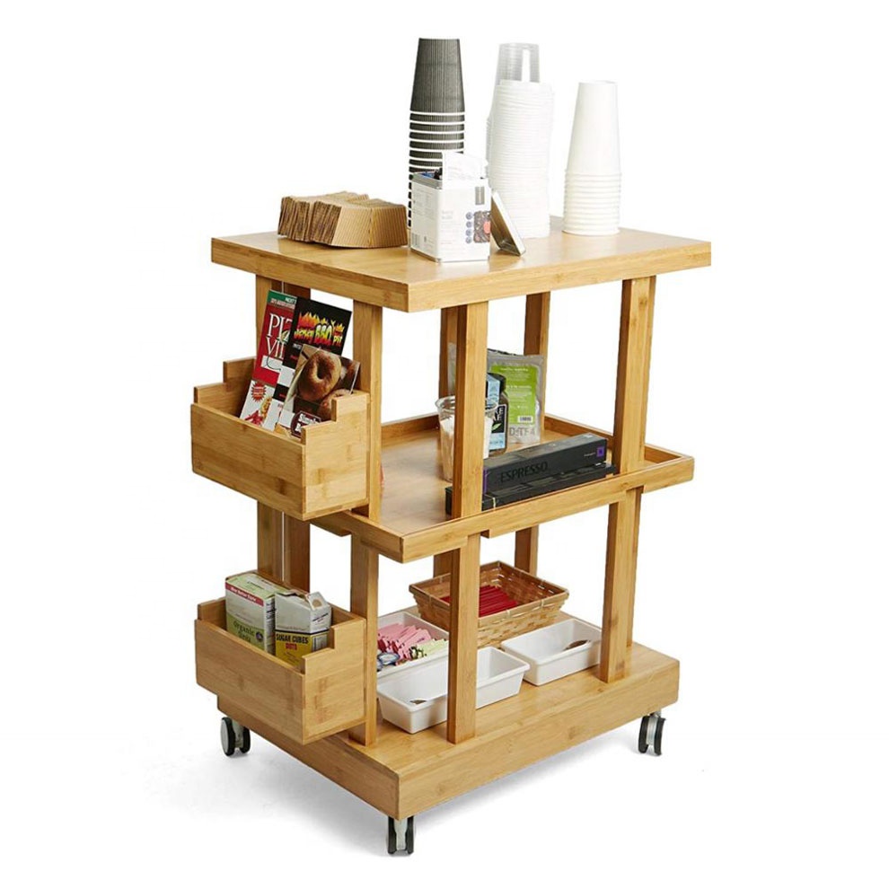 Bamboo folding Kitchen Trolley Cart with wheels and storage kitchen cart with 2 wine box