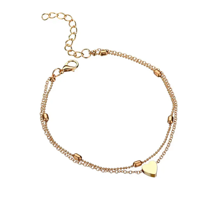 Ruigang 2020 Summer Gold Chain Sandal Barefoot Foot Jewelry Layered Anklets Heart Beaded Anklet Bracelet