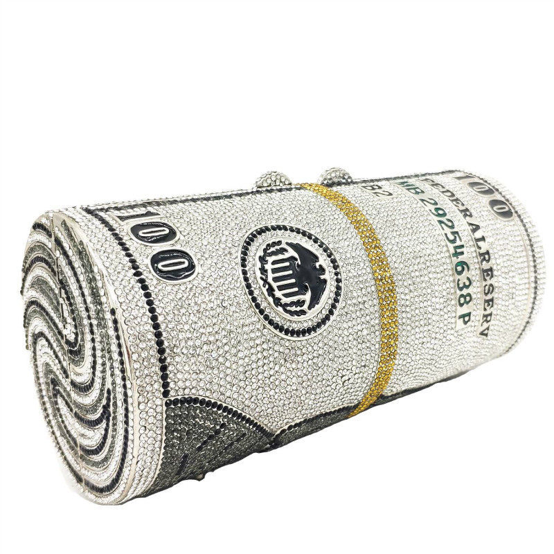Luxury New Design Woman Roll Diamond Money Bag Purse Clutch 100 Dollar Handbag Ladies Evening Rhinestone Party Purse