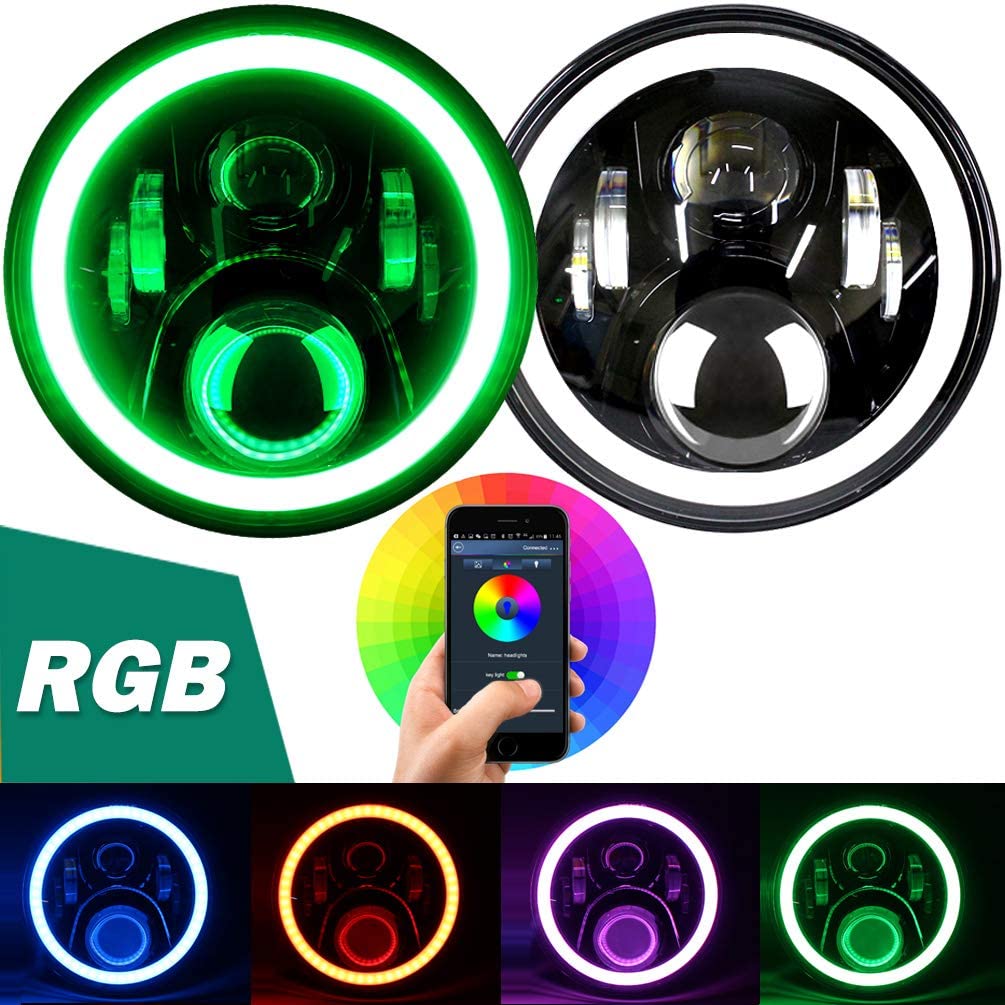 7-дюймовые светодиодные фары RGB кольцо с ореолом ангельские глаза 7 круглых многоцветных DRL Bluetooth пульт дистанционного управления для Jee-p Wrangle-r JK LJ CJ Saha
