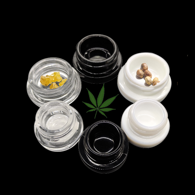 OEM стеклянная этикетка на заказ 5 мл 9 мл прозрачная/черная/белая cbd концентрированная банка с пластиковой черной/белой гладкой/ребристой крышкой CR в наличии