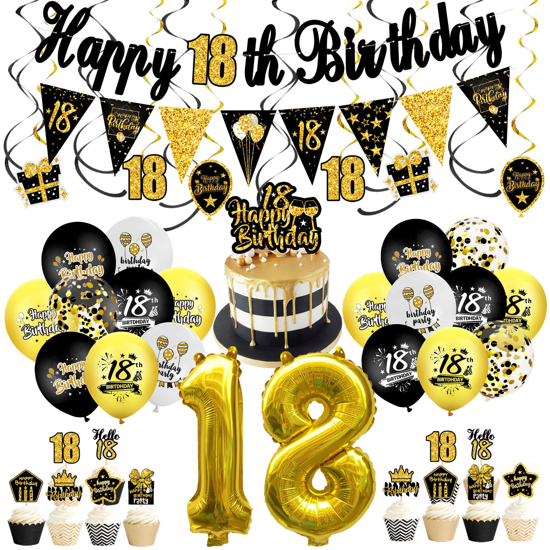Hot Sale 32 Inch Number 18/30/40/50/60 Aluminum Foil Black Gold Balloon Set Happy Birthday Banner 12 Inch Confetti Latex Balloon