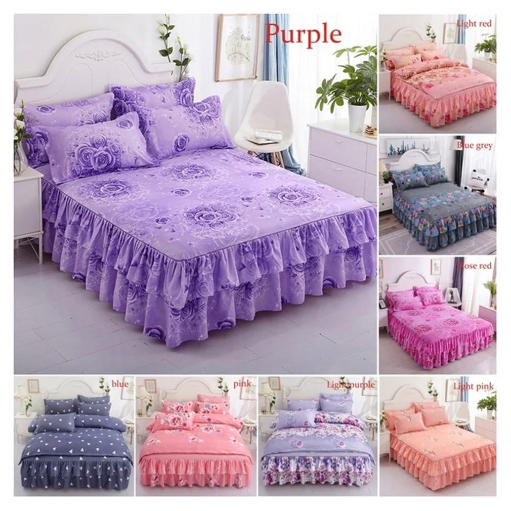 24 colors Bed Skirts Set Double Layer Bedspread Floral Printed Bed sheet Bilateral Bed Skirt + 2 Pair Of Pillowcase bedsheets