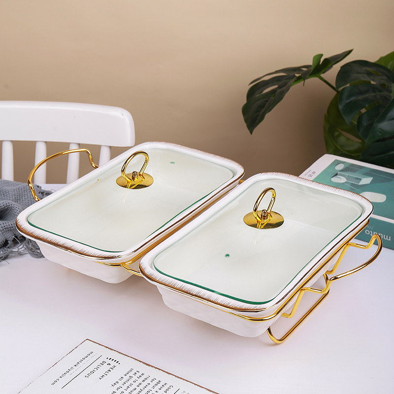 CANHUI Factory Directly Supply Gold Rim Rectangle Ceramic Casserole Food Warmer Porcelain Buffet Two Section Soup Pot