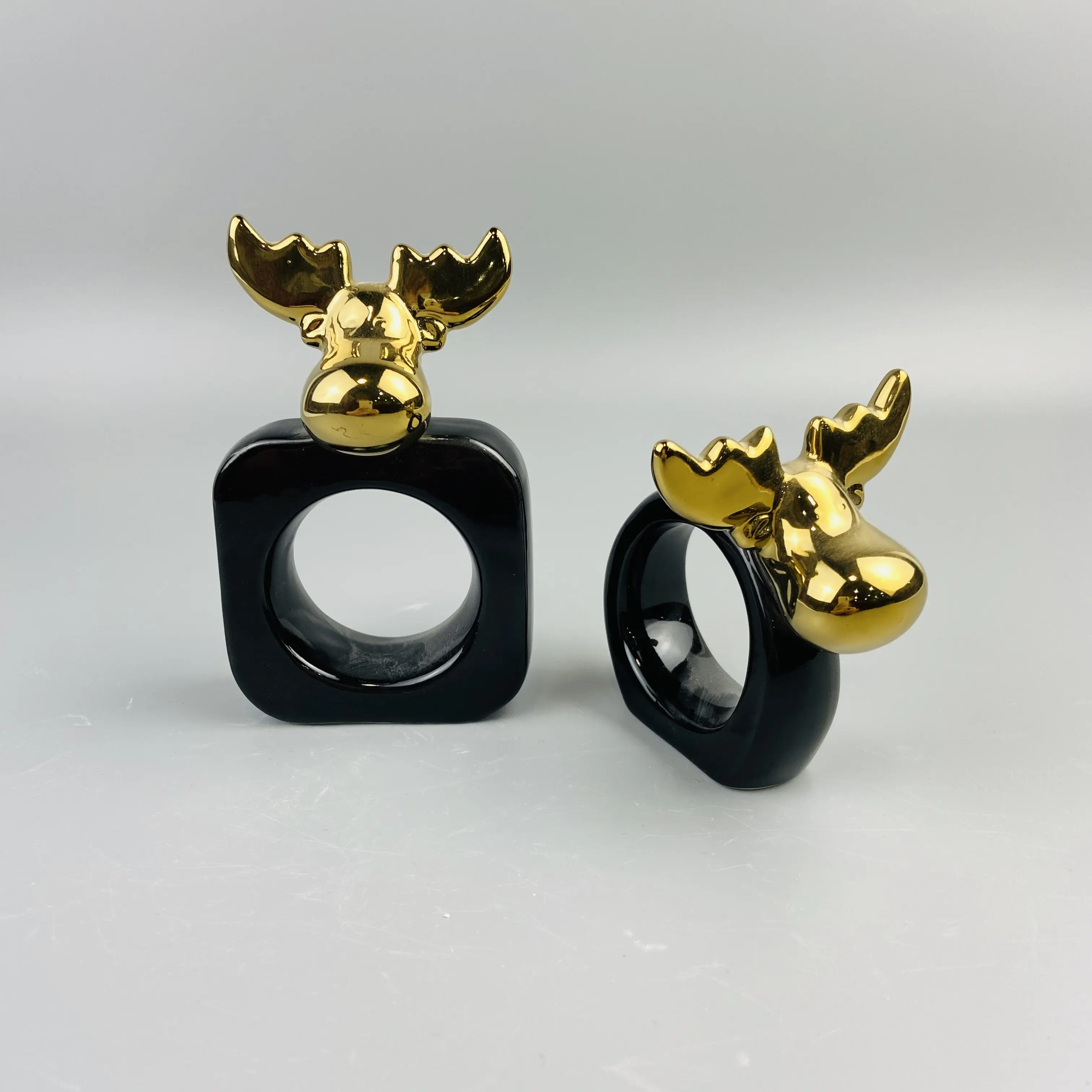 New design gold deer head decor black porcelain napkin ring