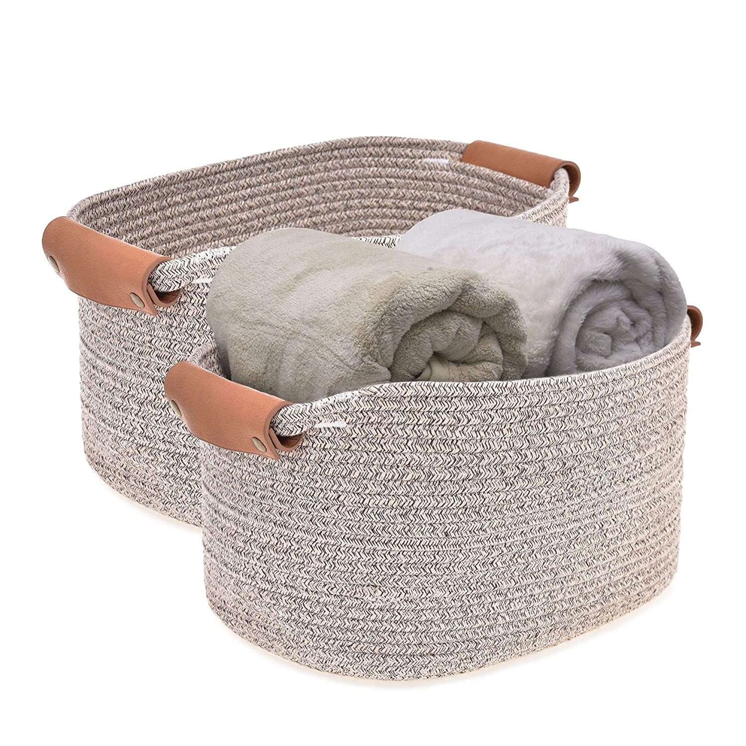 Set of 2 Rectangle Cotton Rope Woven Basket with leather Handles for Books Magazines Toys Decorative Basket for Baby Nursery
