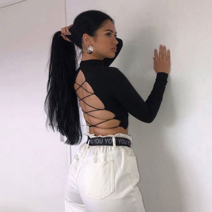 Fashion Sexy Black Backless Ladies Tops Halter Long Sleeve Fall Tops For Women T1155