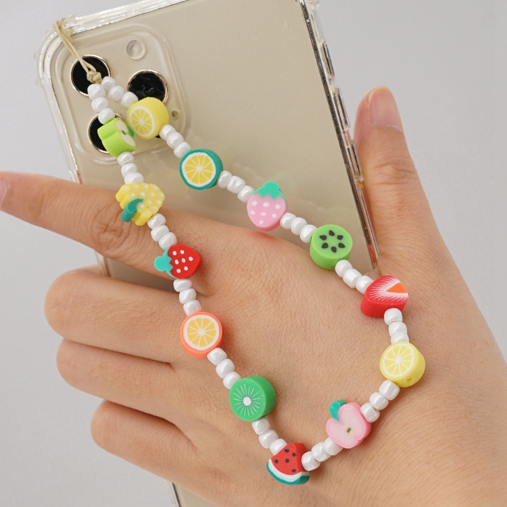 2021 Pearl Beaded Colorful Acrylic Fruit Heishi Beads Cell Mobile Phone Straps Chain Accessories Long Charm Bracelet Pastel Cord