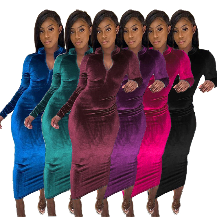 F692-new прибытие 2020 платья Элегантное Черное Платье bodycon с длинным рукавом бархатное платье