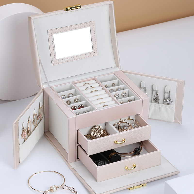 DS059 Faux Leather Jewelry Organizer Travel Case Mirror Necklace Ring Earrings Boxs Removable Drawers Lockable Jewelry Case