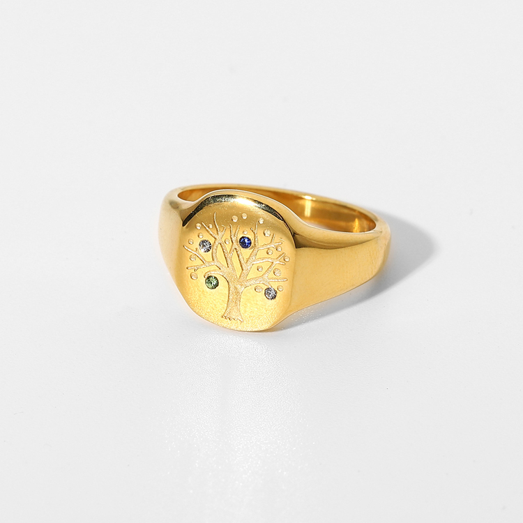 Colorful Diamond Life Tree signet rings Fashion Jewelry Gift 18K Gold IP Plated High Polished engraving zirconia Finger Ring