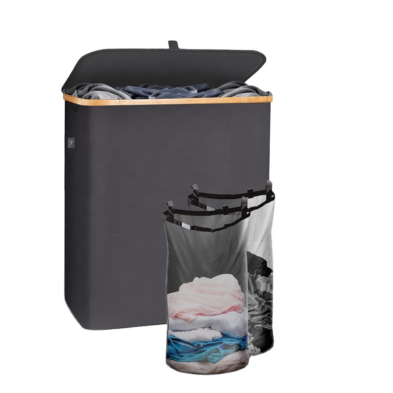 Корзина для белья с крышкой 140L, двойная корзина для грязной одежды со съемным мешком, корзина для белья с крышкой