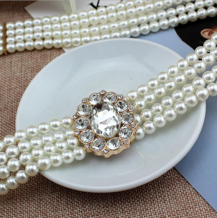Fashion Women Pearl Belt Waist Elastic Buckle Pearl Chain Belts Female Girls Dress Crystal Belt Strap Elegant