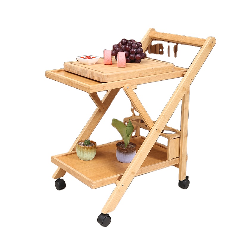 2-Tier Kitchen Removable Storage Cart Rolling Bar with Bamboo Removable Trays - Coffee Tea Wine Whiskey Holder Serving Cart