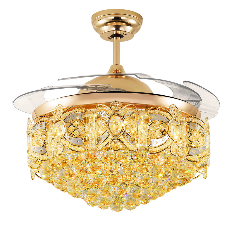 New design Dropship Guzhen Gold Color Luxury K9 Crystal Remote Control Invisible Ceiling Fan Lights Ceiling Fan with Light fan