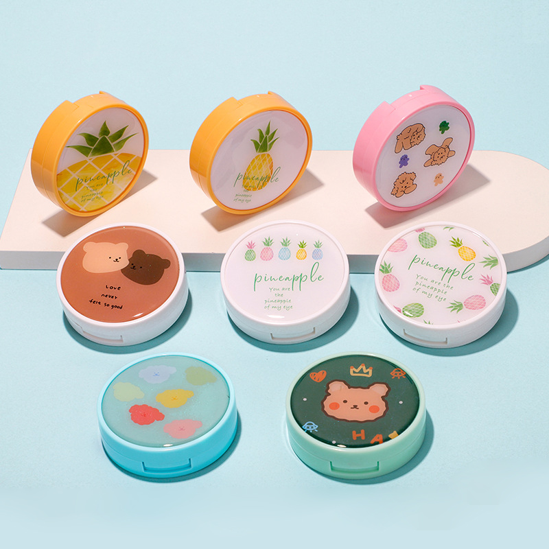 Custom Logo Candy Color Round Portable Fruit Contact Lens Case With Mirror Lenses Box For Girls Cute Kawaii Cartoon Designs