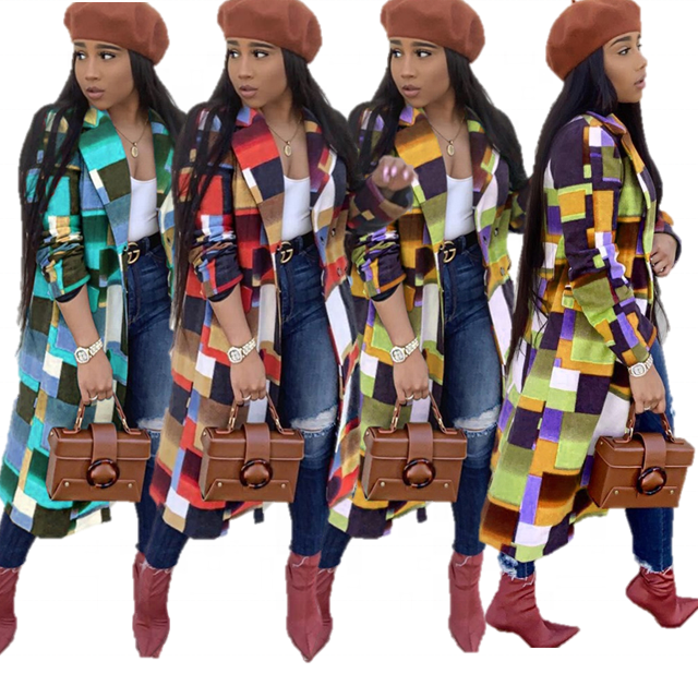 S 3X Women Colored Woolen Long Plaid Jacket Lapel Single Sided Coat Autumn Winter Styles Cardigan Coat