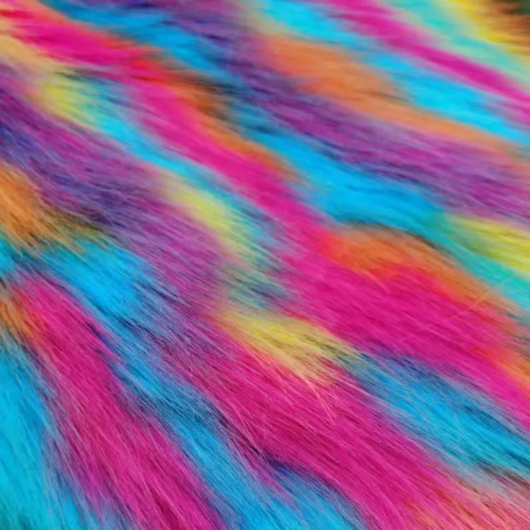 New jacquard artificial colorful rainbow faux fur fabric long pile faux fur fabrics plush for coat pillow bag collar garment