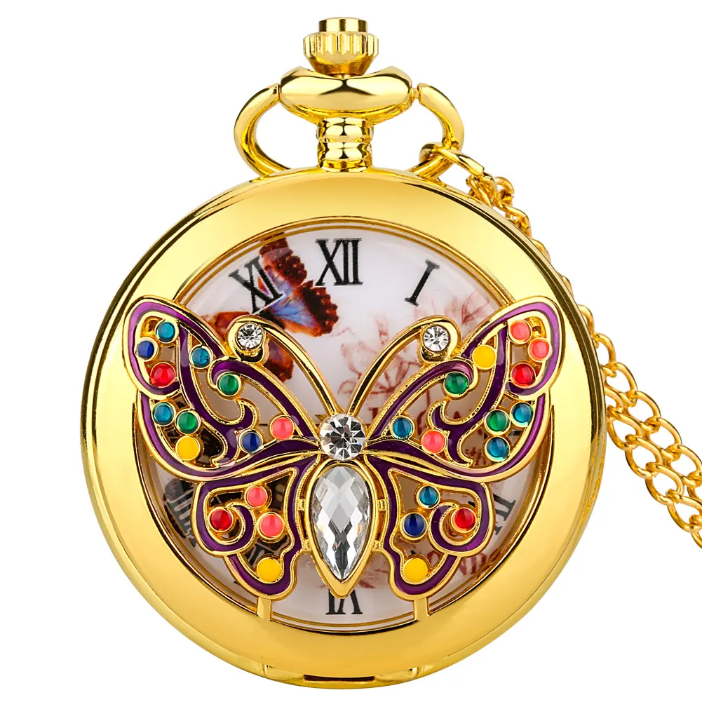 Luxury Fashion Jewelry Gift Rhinestone Necklace Pendant Hollow Out Butterfly Pattern Gold Pocket Watch With Chain For Girls