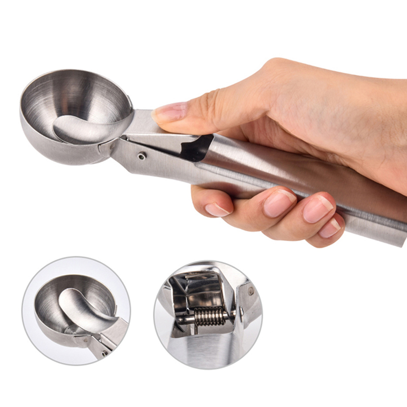 High Quality Baking Spoon Scoop with Trigger for Fruit Mashed Food Stainless Steel Ice Cream Scoop