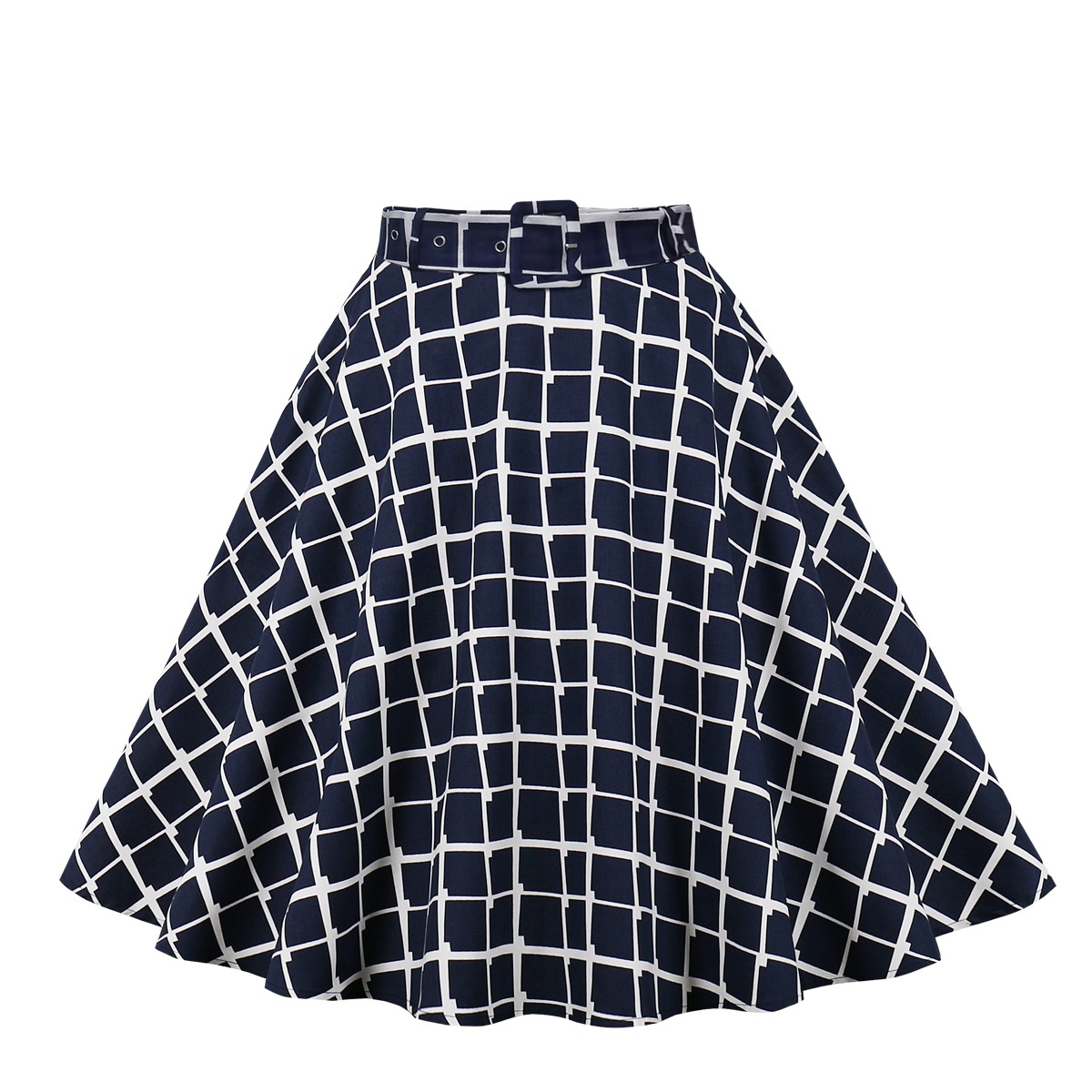 MXN-3075 Women's Navy Check Plaid Pleated Midi Vintage Skirt