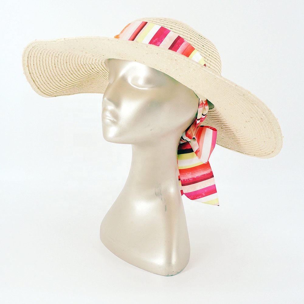 New arrival sequins band skinny bandana floppy women paper straw beach summer hat with wide brim