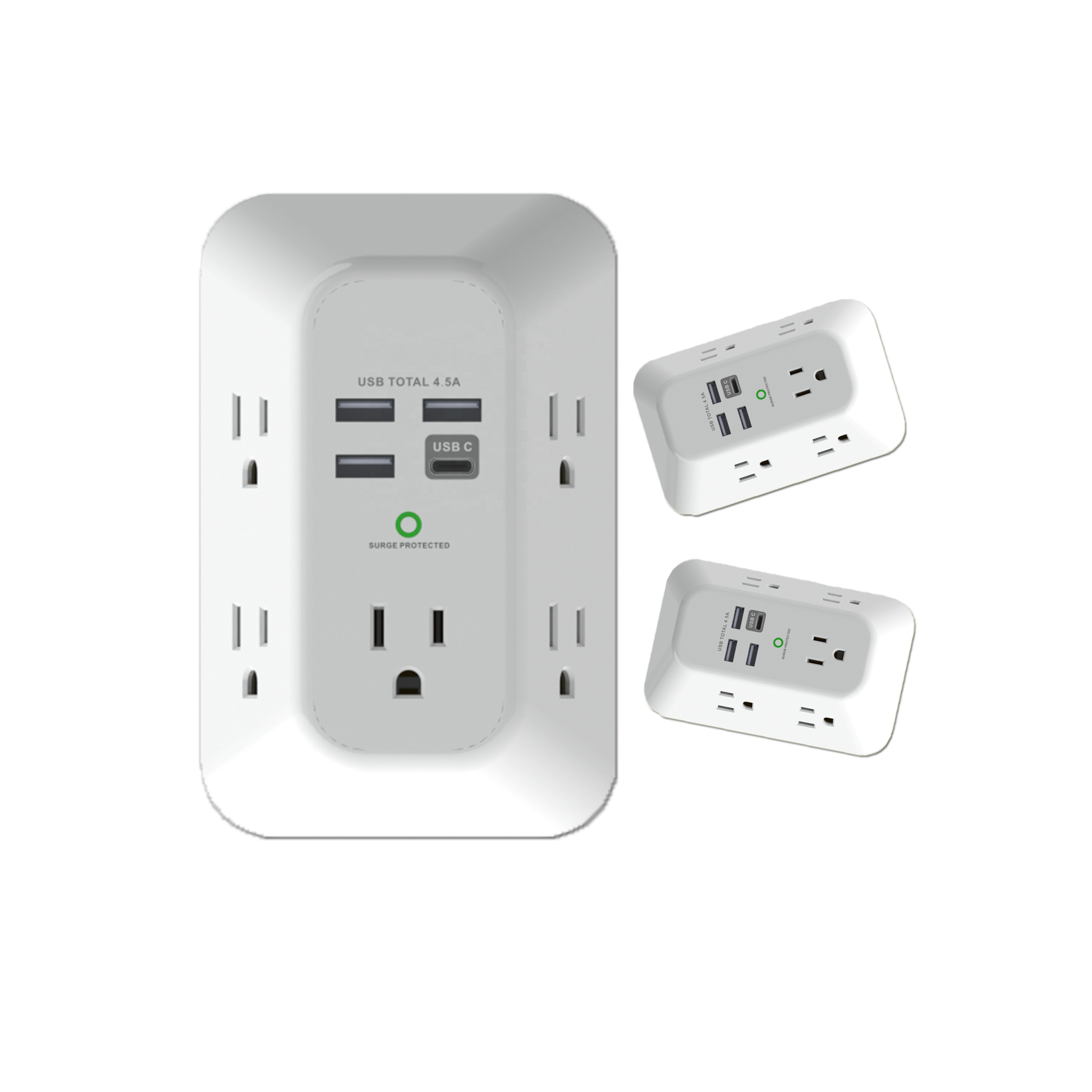 White 5-Outlet Surge Protector Tap, 900 Joules 3-Prong Space Saving Design USB Power Strip