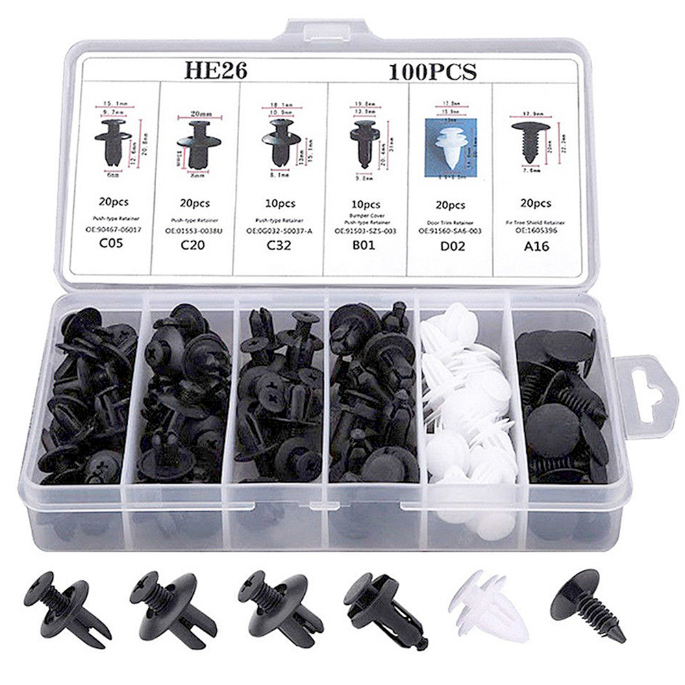 100Pcs Mixed Auto Fastener Clip Auto Body Push Retainer Pin Rivet Bumper Door Trim Panel Retainer Fastener Kit Auto Accessories