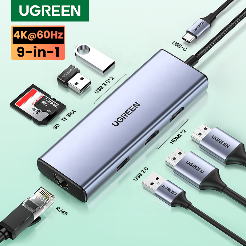 USB-концентратор UGREEN 4K 60 Гц, USB C на 2x HDMI 2,0 RJ45 USB 3,0 PD адаптер для Macbook iPad Pro Air M1, аксессуары для ПК, разветвитель типа C