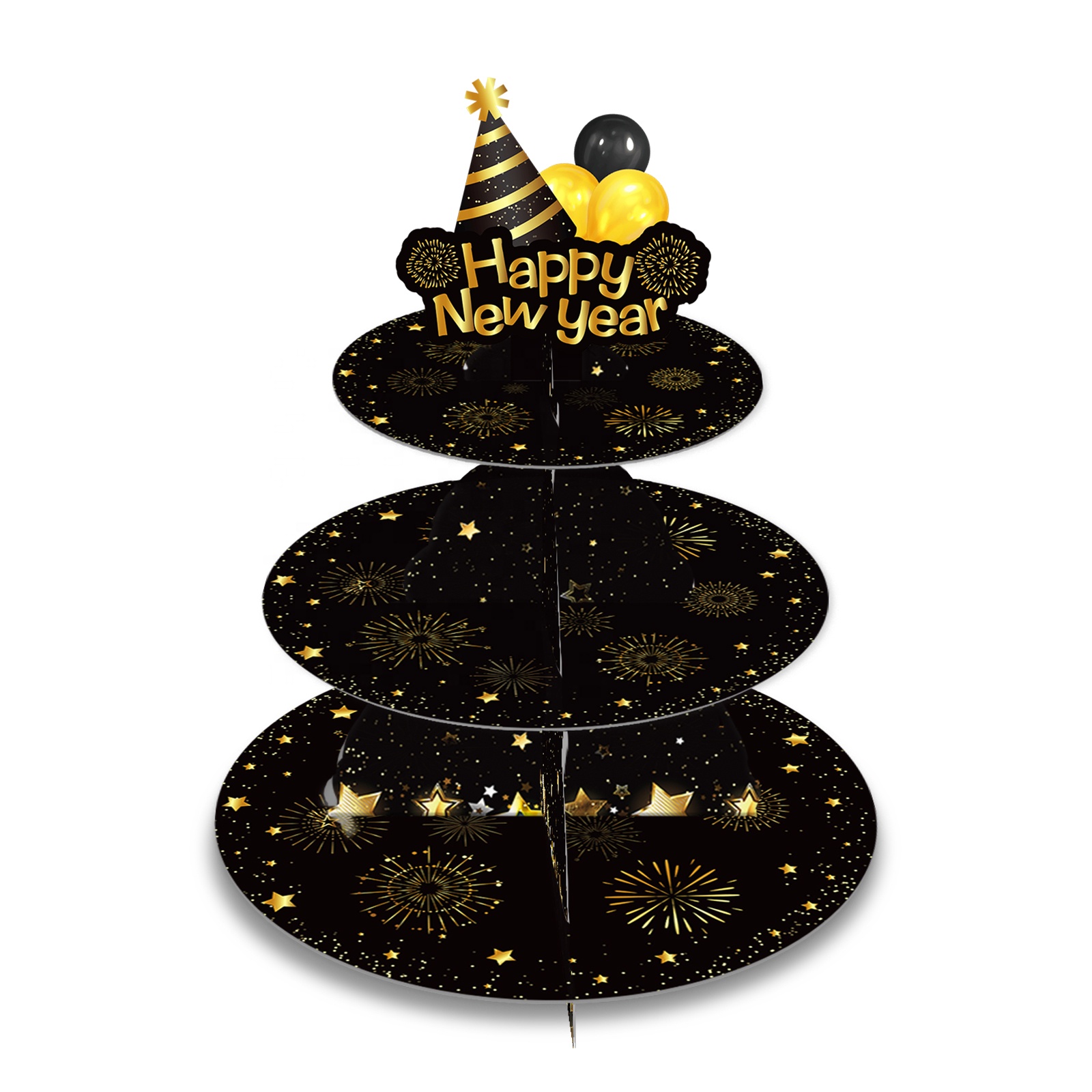 Huancai Happy New Year Cake Stand Black Gold 3 Tier Cupcake Stand New Year's Eve Party decorations for New Year Party Supplies
