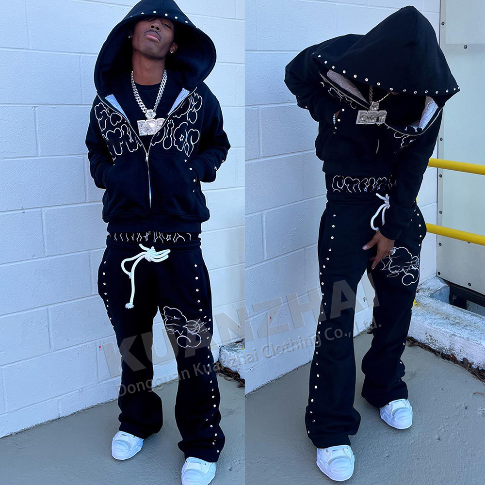 Custom manufacturer sweatsuit double waist sweat suit rhinestone hoodie and flared sweatpants set baggy oversized men tracksuit