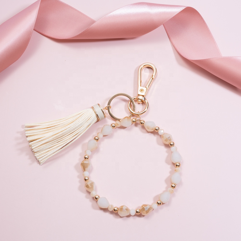 Fashion 3 colors shiny facet metallic effect glass beads long leather fabric tassel car bag other key chains key rings for women