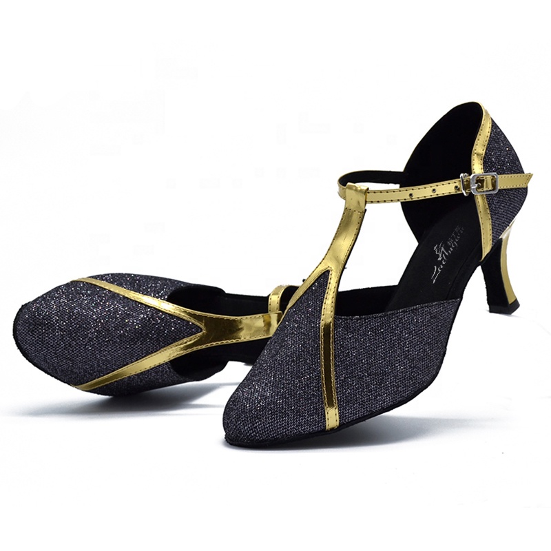 New Brand Black Flash Cloth And Golden PU Women's High Heels Latin Dance Shoes Ballroom Salsa Dance Shoes Size 33-45