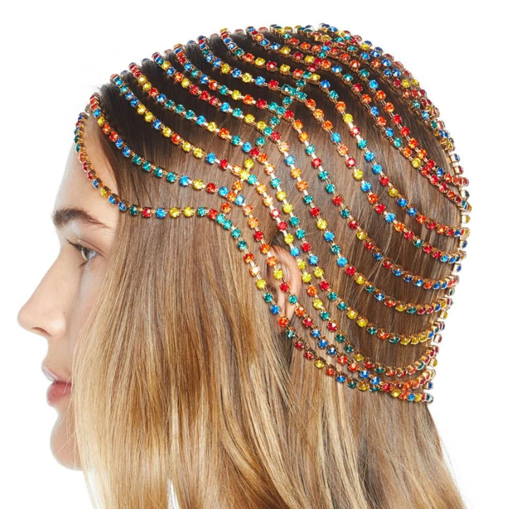 Colorful Bridal Headpiece Boho Rhinestone Headband Jewelry for Women Luxury Crystal Chain Flapper Wedding Hair Accessories