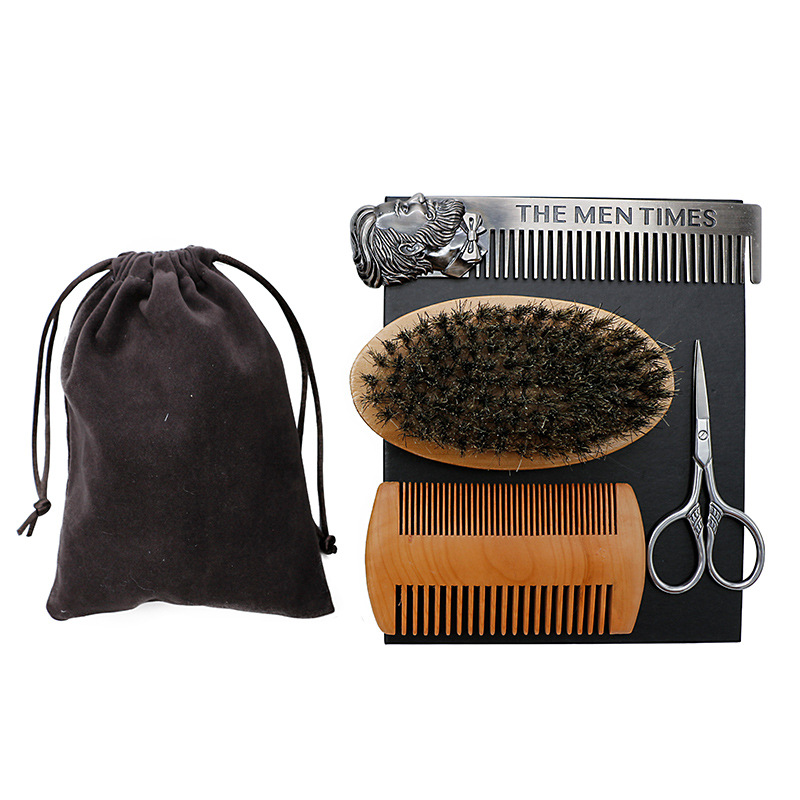 Mustache Beard Care Products Mens Beard Grooming Kit With Wood Comb Boar Beard Brush Steel Scissors