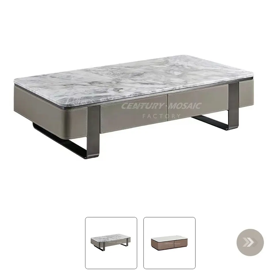 Centurymosaic Luxury Natural Stone Grey White Rectangle Marble Top Coffee Table Set For Living Room