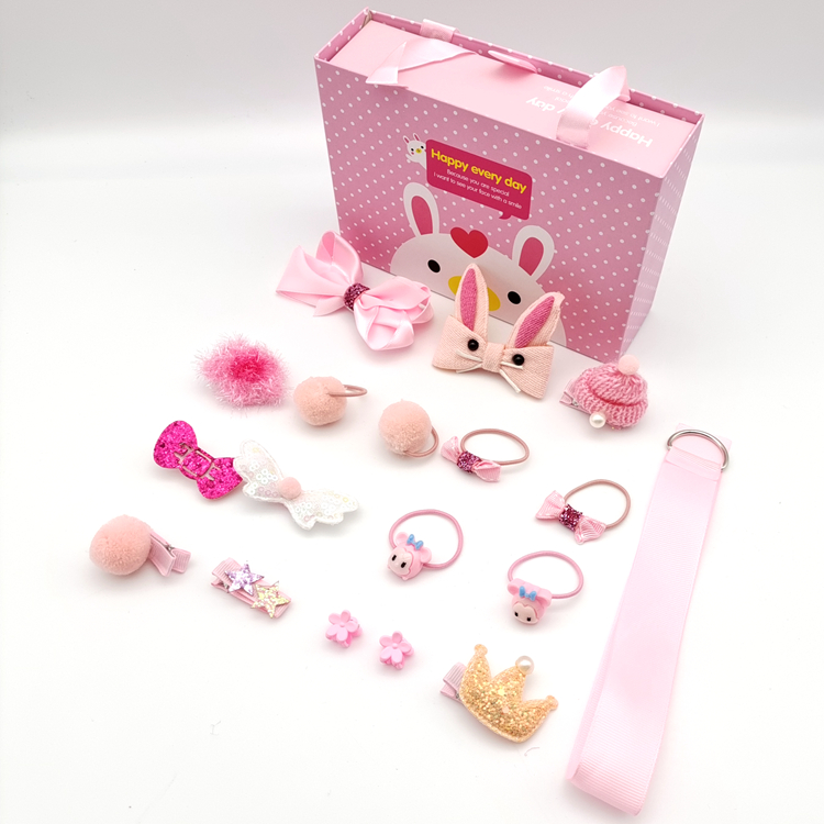 Cute Kids Elastic Hair Accessories Birthday Party Gift Box 18 Pcs Set Hair Ties Hair Clips Resin And Nylon Material
