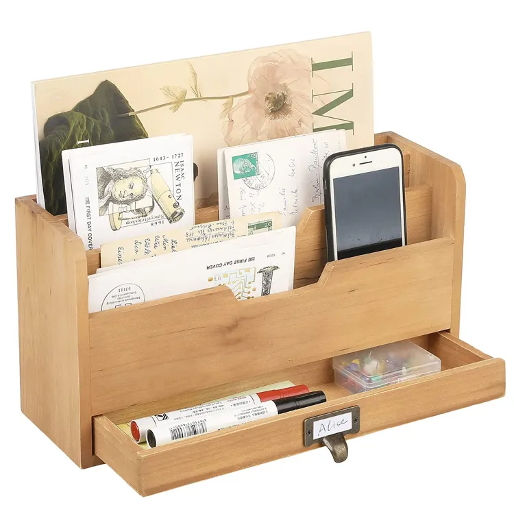 3 slot rustic natural wood office desk file organizer holder desktop mail letter sorter tray document holder with storage drawer