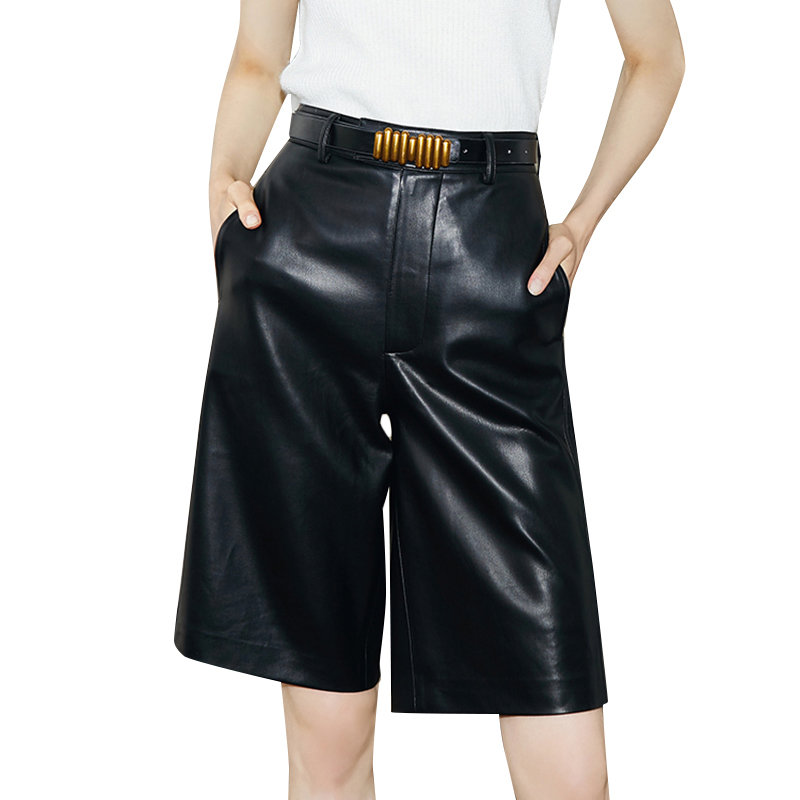 TWOTWINSTYLE Casual Solid High Waist Wide Leg Loose Leather Vintage Belt Womens Shorts