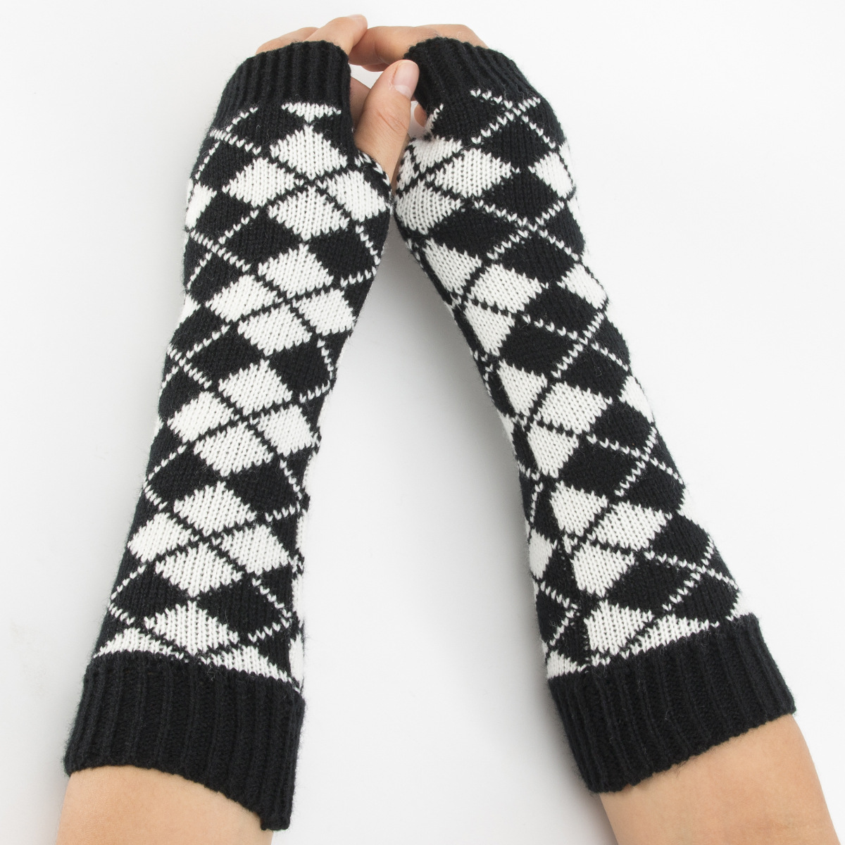 Winter Women Long Warm Sleeves Mittens Female Geometry Print Acrylic Stretch Knit Gloves Half Finger Fingerless Arm Warmers