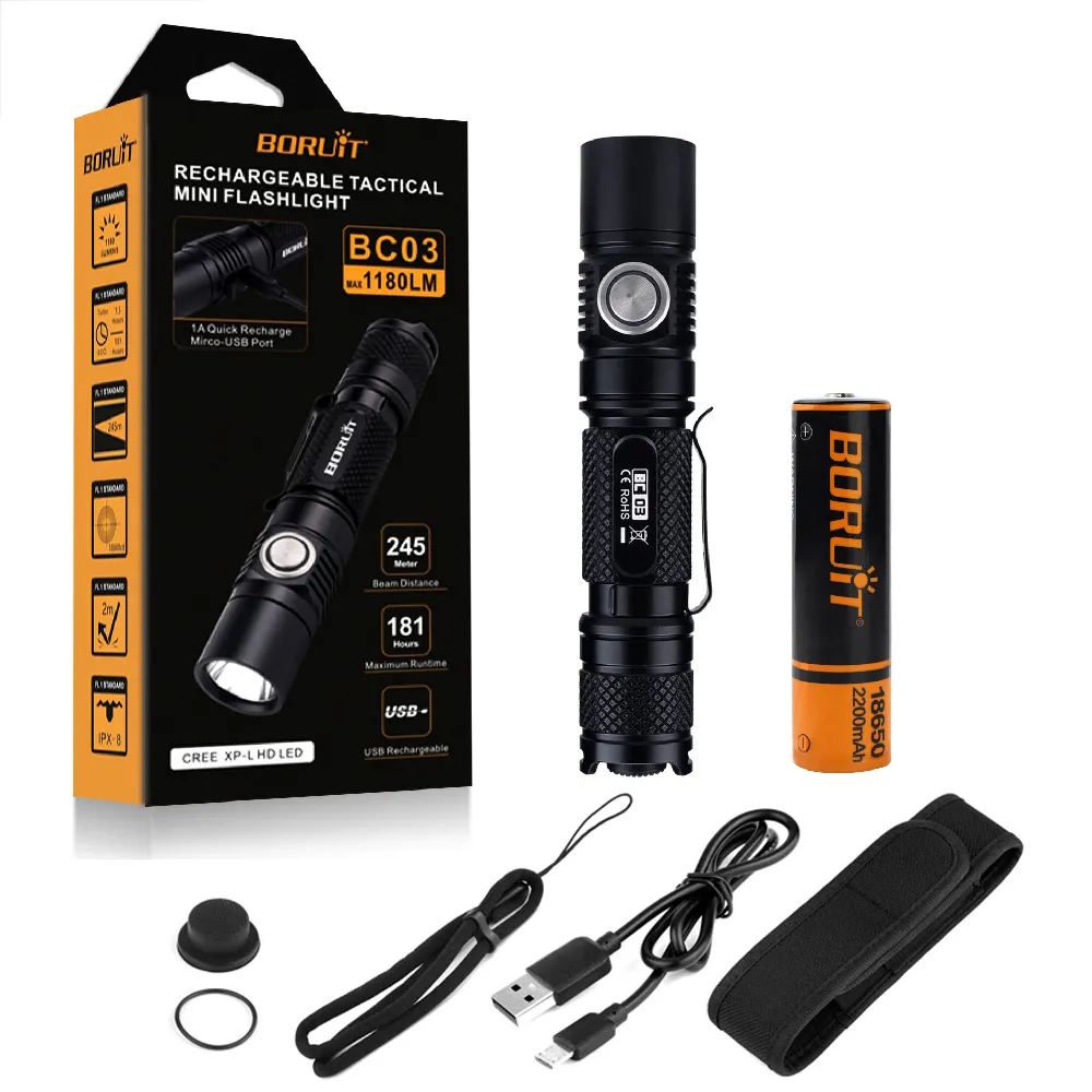 BORUiT BC03 Ultra Bright Self Defense Flash Light USB Rechargeable Mini Torch Led Tactical Flashlight