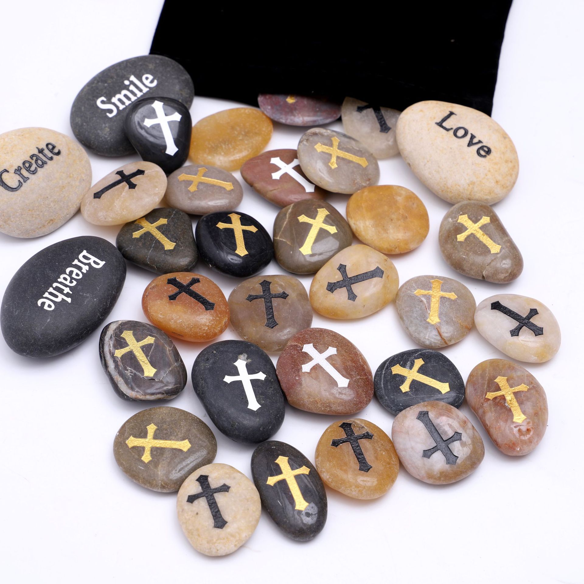 Gold Engraved Inspirational Stones Zen Chakra Gratitude Rocks Healing Prayer Different Words Mixed Color River Rock Stones