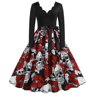 Robe Halloween Costume Party Dresses Long Sleeve Deep V-neck Vintage Nightmare Before Christmas Women Autumn Dress Plus Size 3XL
