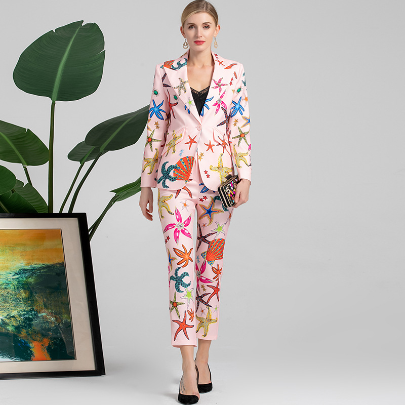 A5667 Factory Supply Women Blazer Suits Printing Ladies Two Pieces Long Pant Sets Lady Suit Coat Pant