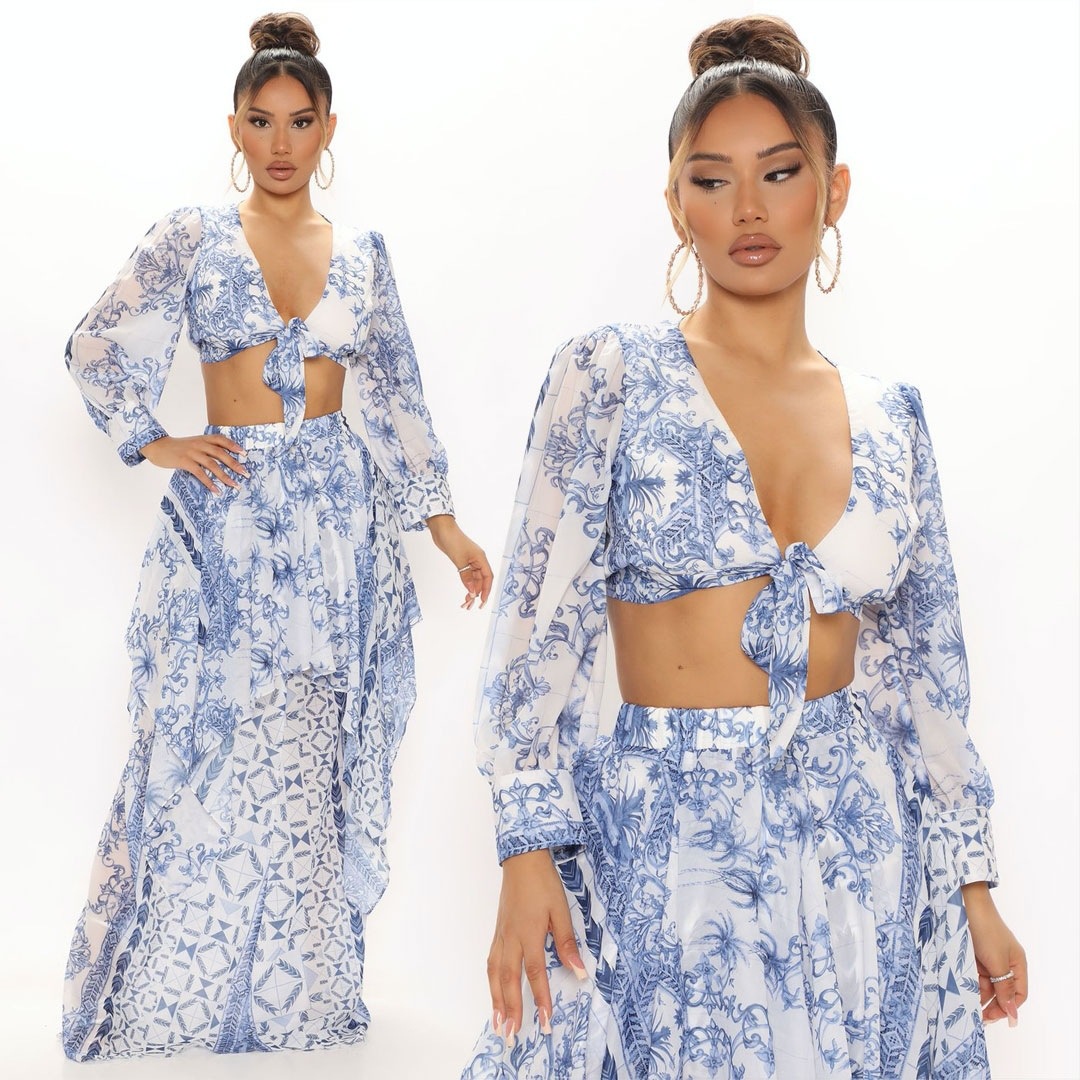 Hot sales pretty set 2 pieces dropped shoulder top with maxi women skirt floral pattern casual dresses